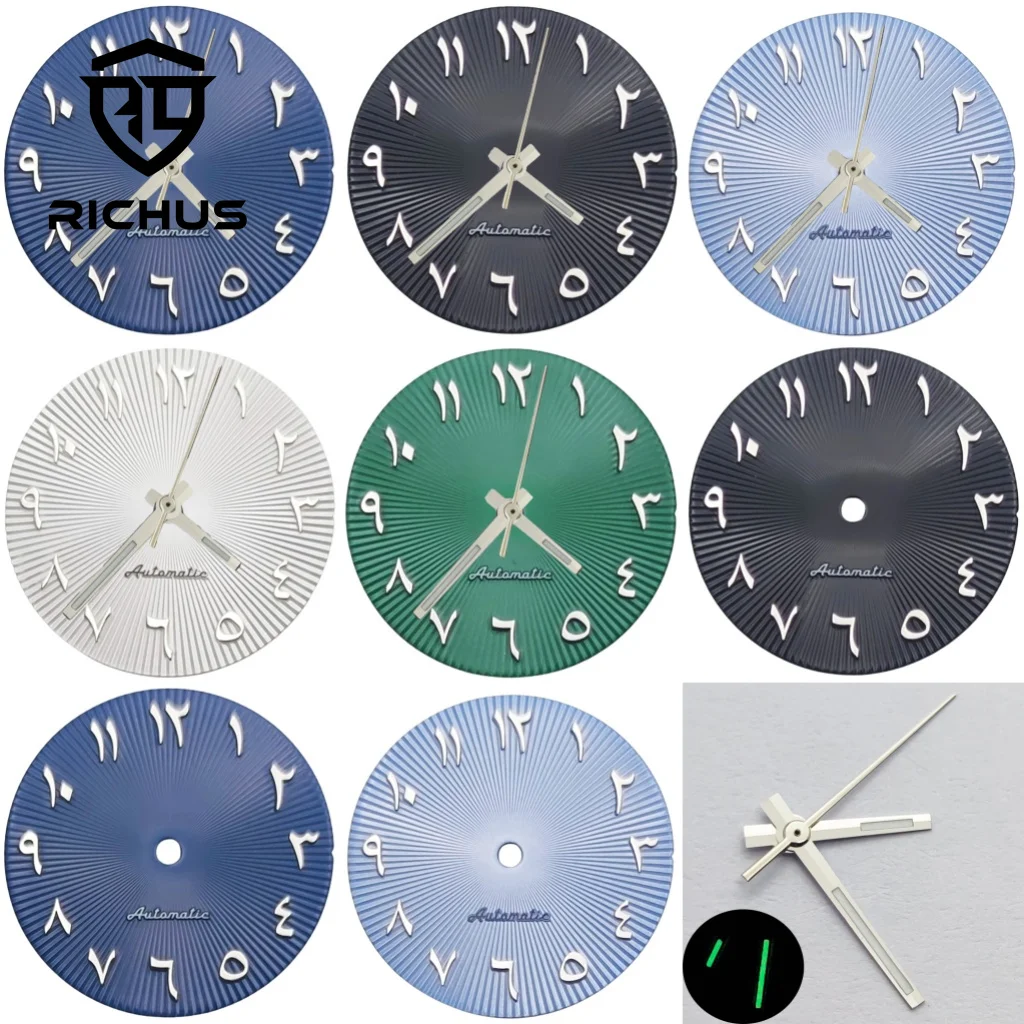 

Циферблат часов RICHUS 29 мм с зелеными светящимися стрелками, подходит для механизмов NH34, NH35, NH36, ETA2824, 2836, Miyota8215-DG, аксессуары для часов.