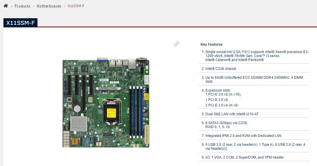 X11SSM-F for Supermicro MicroATX Motherboard LGA1151 E3-1200 v6/v5  7th/6th Gen. Core i3 Series 8 SATA3 (6Gbps)  IPMI 2.0