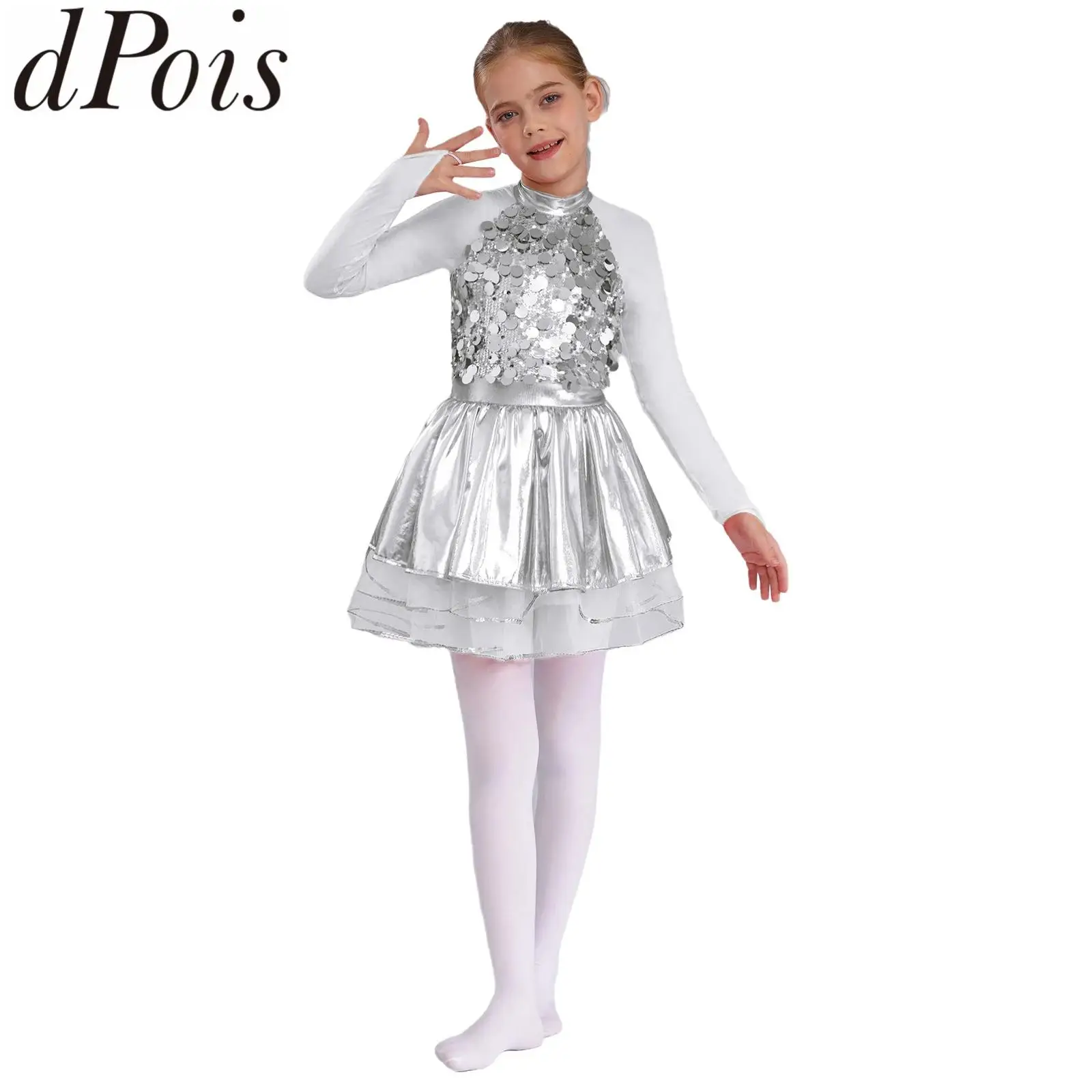 Girls Sequin Ballet Dance Tutu Leotard Dress Long Sleeve Layered Tulle Dress Figure Skating Dancewear for Party Princess Costume
