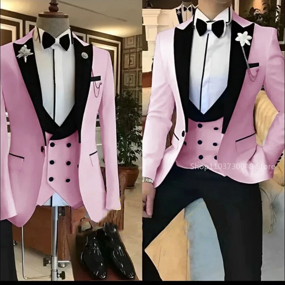 Latest Solid Formal Men\'s Wedding Suit Slim Fit Elegant Groom Tuxedos Business Party Suits 3 Pieces Sets (Jacket+Vest+Pants)