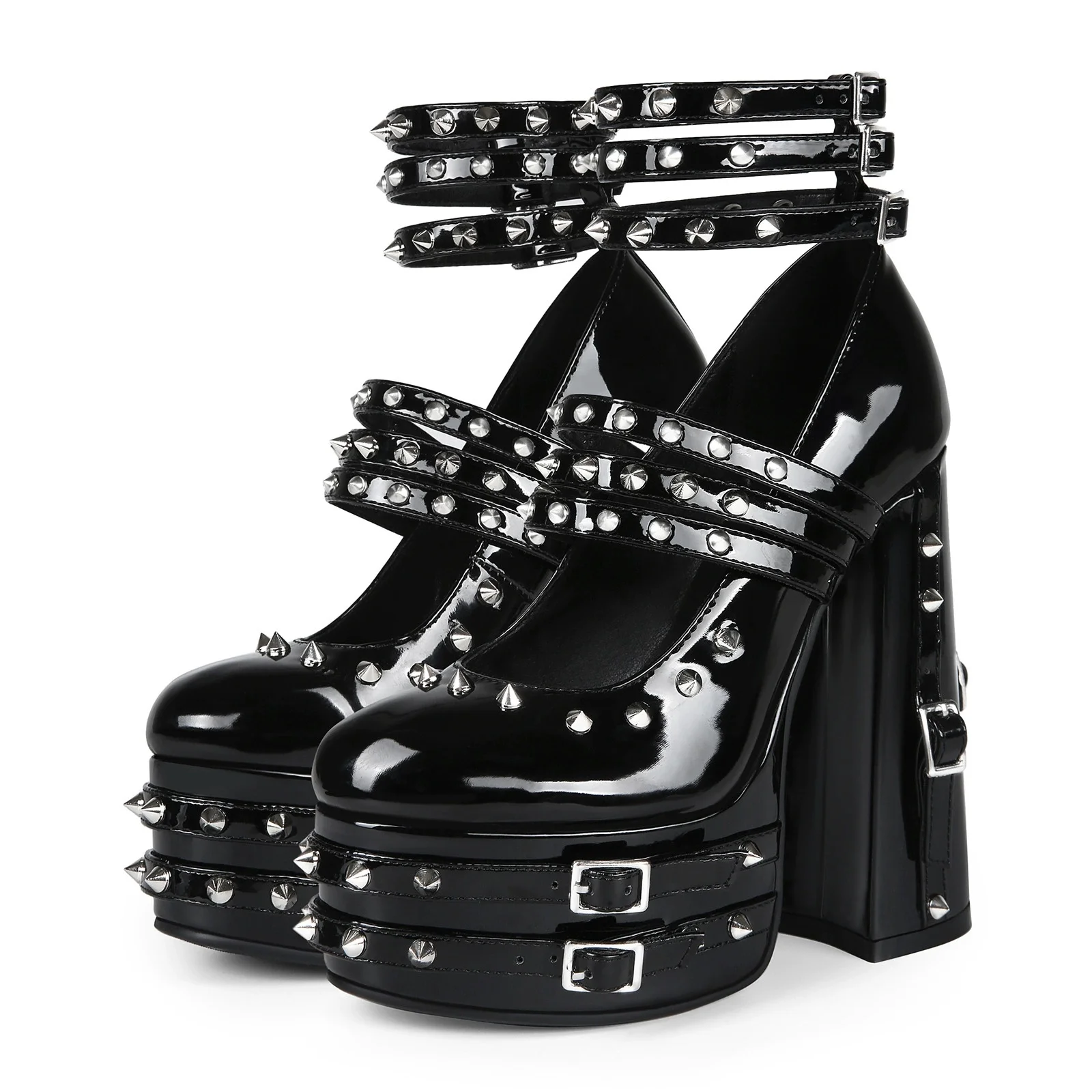 Zwart Lakleer Punk Gothic Klinknagel Platform Mary Janes Schoenen Hot Girl Dikke Suer Hoge Hakken Grote Maat 44, Damesschoenen