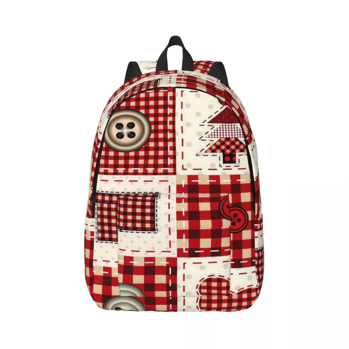 School Backpack Grid Christmas Squares Patchwork Primitive Folk Christmas Red Cream Brow Winter Daypack for School College Daily