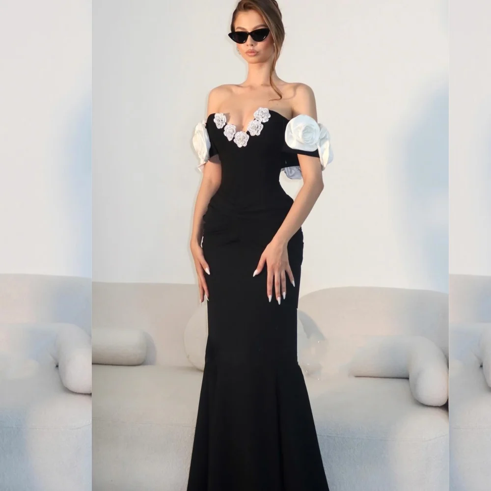 

Customized Modern Style Jersey Applique Flower Handmade Flower Sheath Off-the-shoulder Strapless Long Dresses Cocktail Dresses S