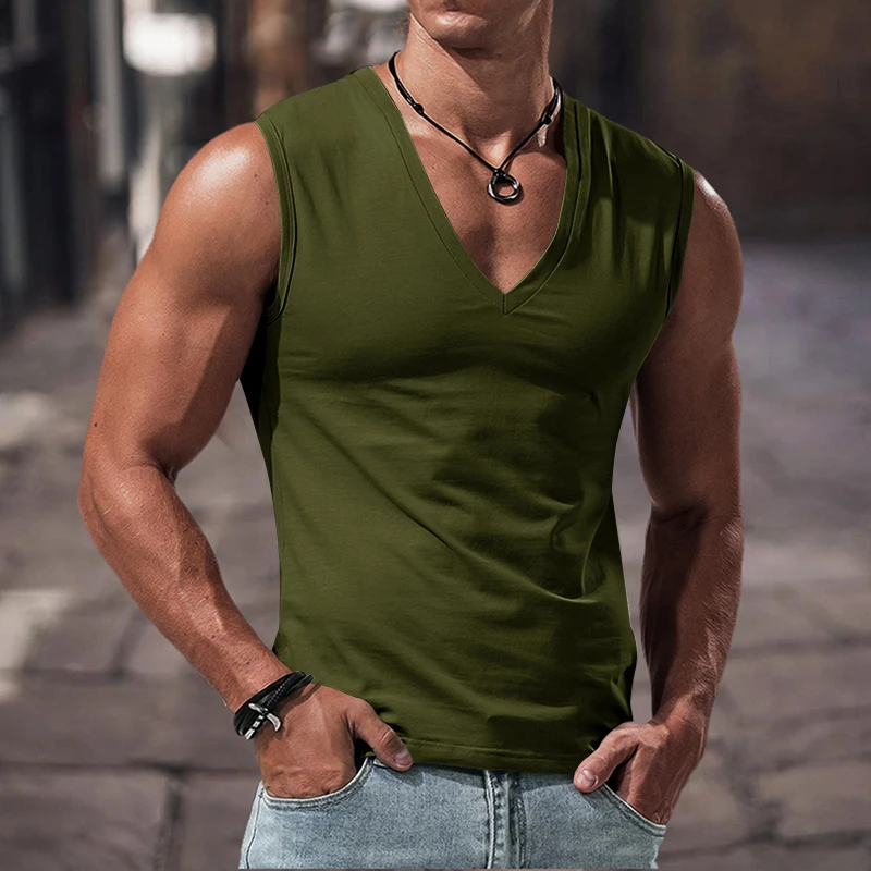 Summer men\'s solid color V-neck vest casual breathable sleeveless T-shirt vest suitable for fitness and sports