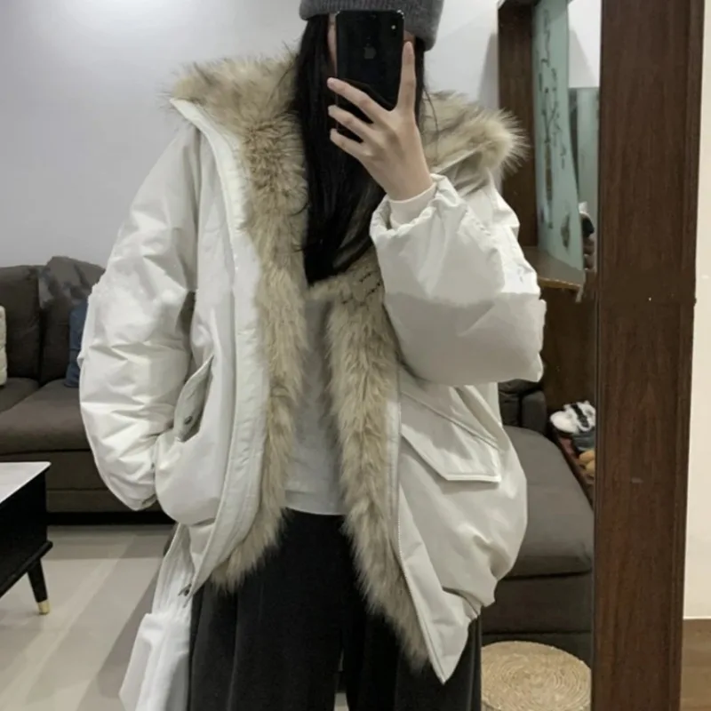 Women Autumn Winter Parka Coat Faux Fur Collar Padded Jackets Zip Up Furry Turtleneck Coat  Casual Warm Streetwear Outerwear