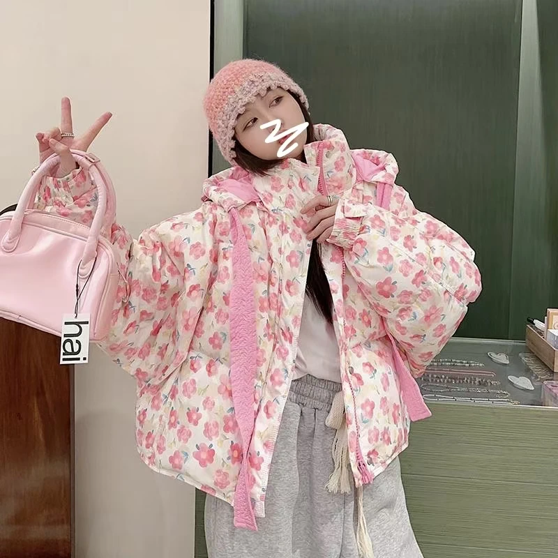 

Cute Pink Flower Cotton Jaet Women's Loose ort Thiened Winter Coat Bread Sle Hooded Zipper Closure Long Sve Dr