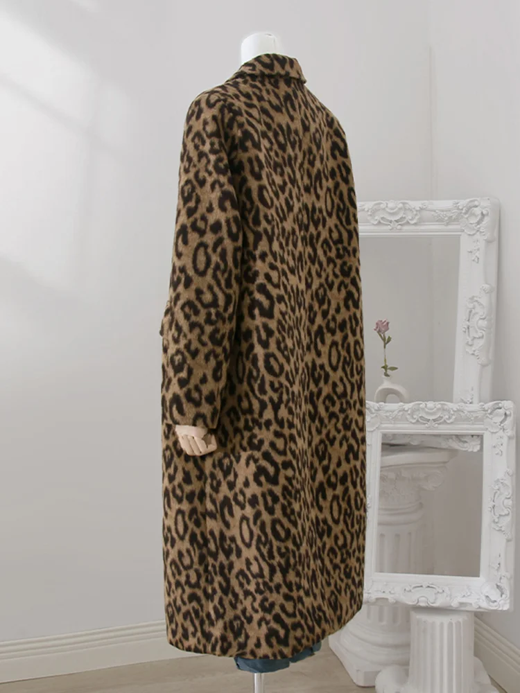 LANMREM Leopard Print Medium Length Woolen Coat For Women Winter Warm Wear Niche Design Loose Clothing Streetwear 32A391