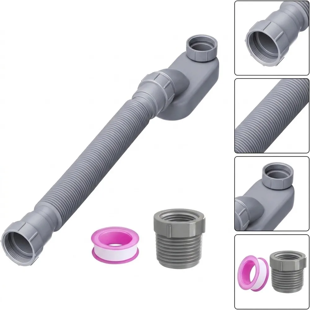 Adjustable Flexible Drain Pipe 12 to 33.5 Inch Low Profile Flat P Trap Kit for Standalone Bathtub Easy Bend Installation