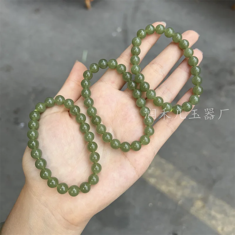 Natural Lake‑Green Round Bead Bracelet With‑ Base, Featuring Hetian Jade In A Verdant,‑Hue