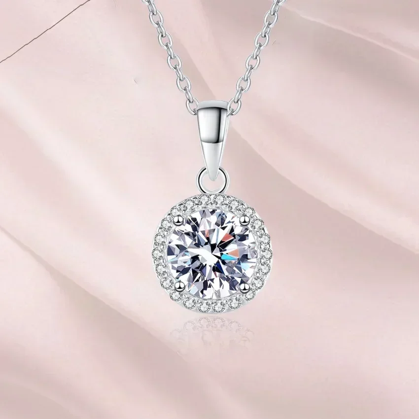 Elegant Store Platinum PT950 Necklace, Real 1CT Moissanite Diamond Gemstones Round Halo Pendant Necklaces for Women Quality Gift