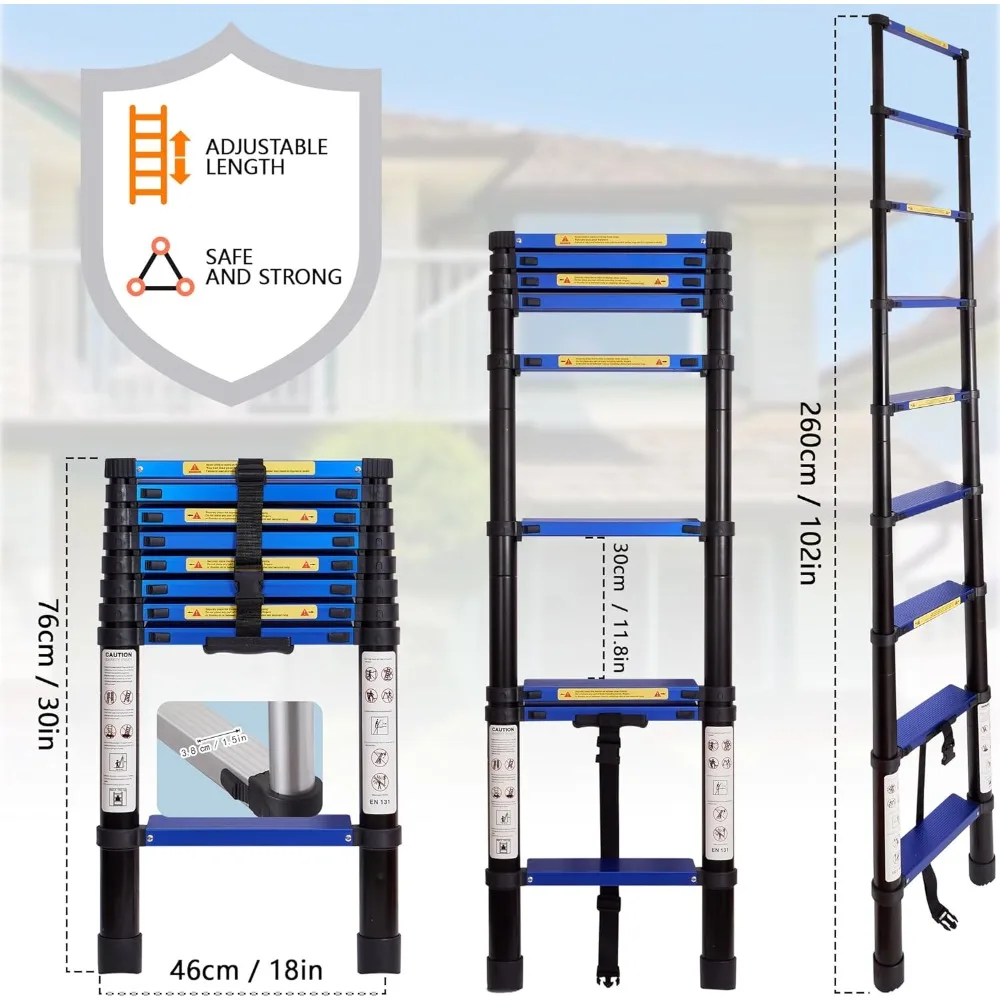 سلم تمديد خفيف الوزن من الألومنيوم بطول 8.5 قدم، خطوات دواسة واسعة، سعة 330 رطل، شديد التحمل، للاستخدام متعدد الأغراض