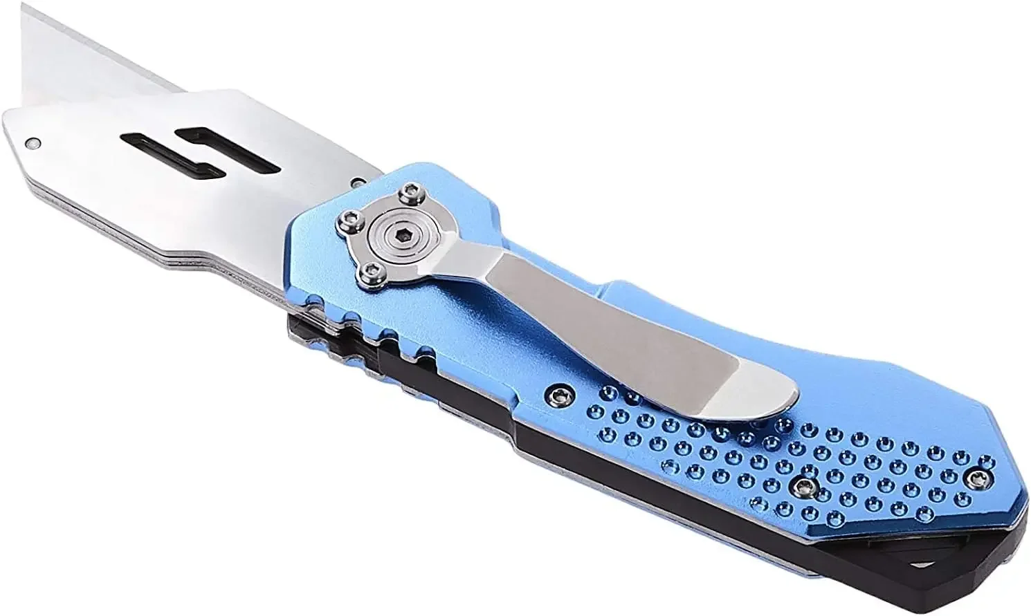 Amazon Basics Cuchillo utilitario plegable, cuerpo de aluminio liviano con funda, azul claro