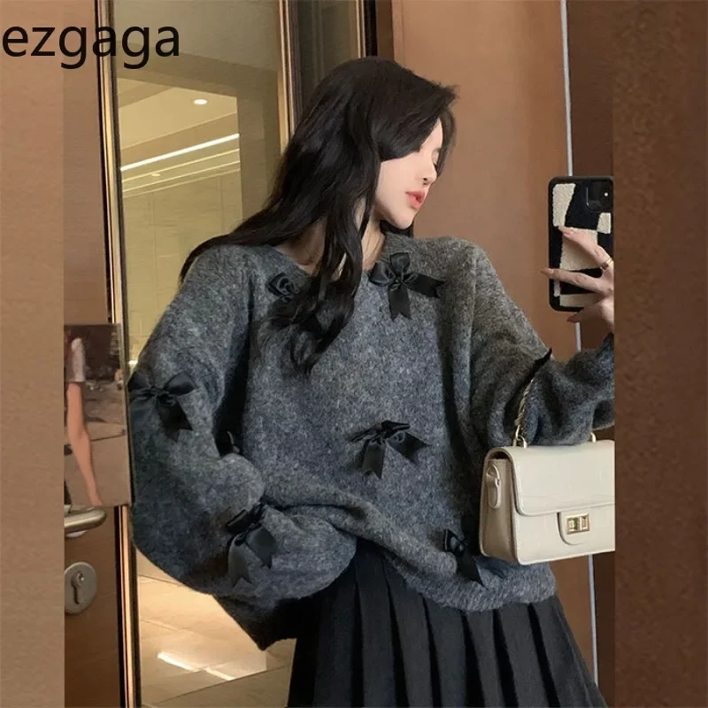 Ezgaga Knitted Sweater Women Bow O Neck Long Sleeve Loose Autumn Winter Outwear Sweet Vintage Pullover Female Casual Jumper