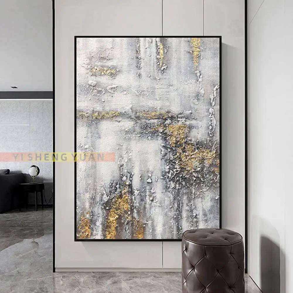 

Pure Handmade Golden Foil Oil Painting Thick Texture On Canvas Living Room Decorative Hotel Modern Wall Art Mural Frameless