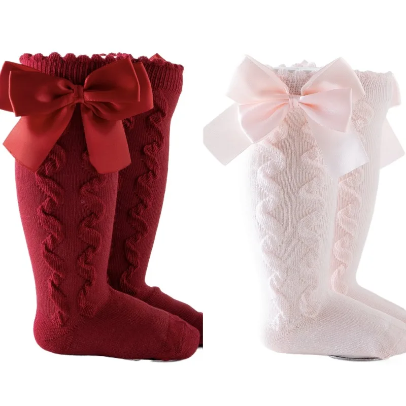 Infant Baby Girl's Red Big Bow Cotton Long Socks Cute Royal Princess Knee-High Socks for Kids，Double Layered Bow Retro Stockings