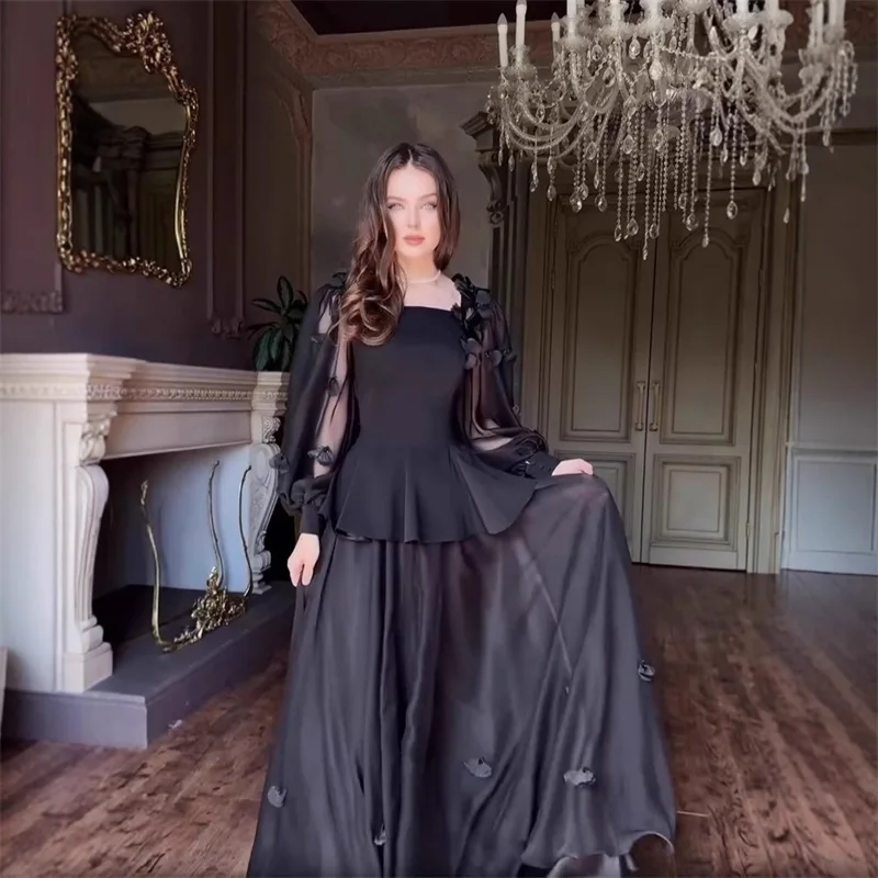 Arabia Prom Dress 2 Pcs Women Suit Skirt Set Blazer+Long Robes Full Sleeve 3D Flower Formal Pageant Party Wedding Evening Gown