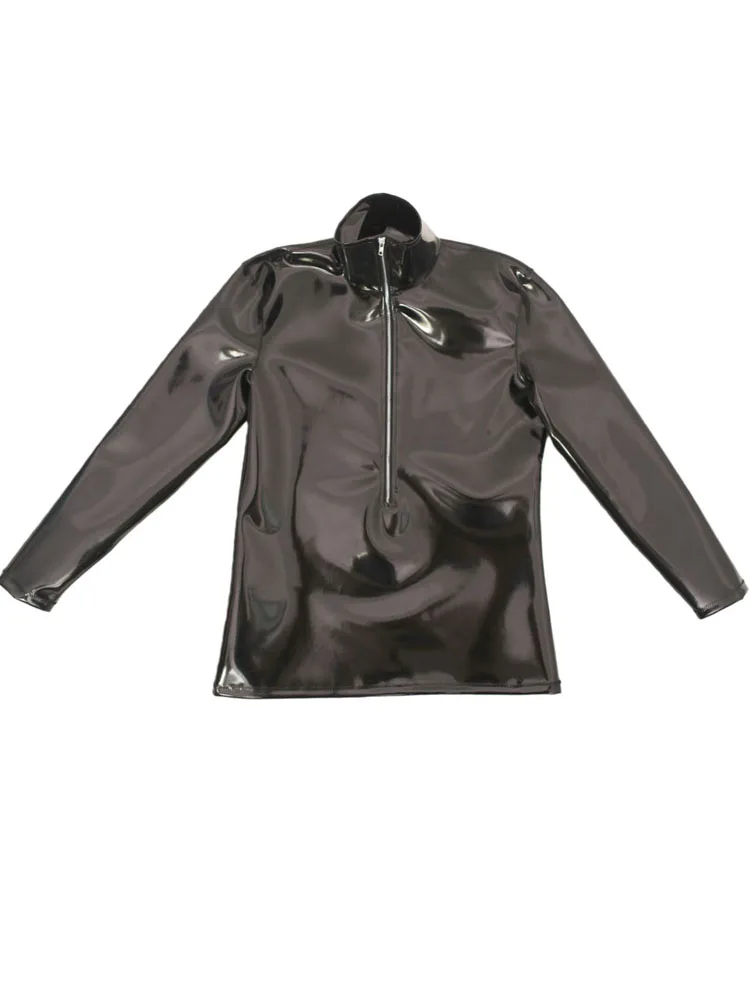 

S-4XL Double Sided PU Leather Long Sleeve T Shirt Wet Look PVC Tshirt Hip Hop Shiny Shirts Stage Performance Top Clubwear Jacket