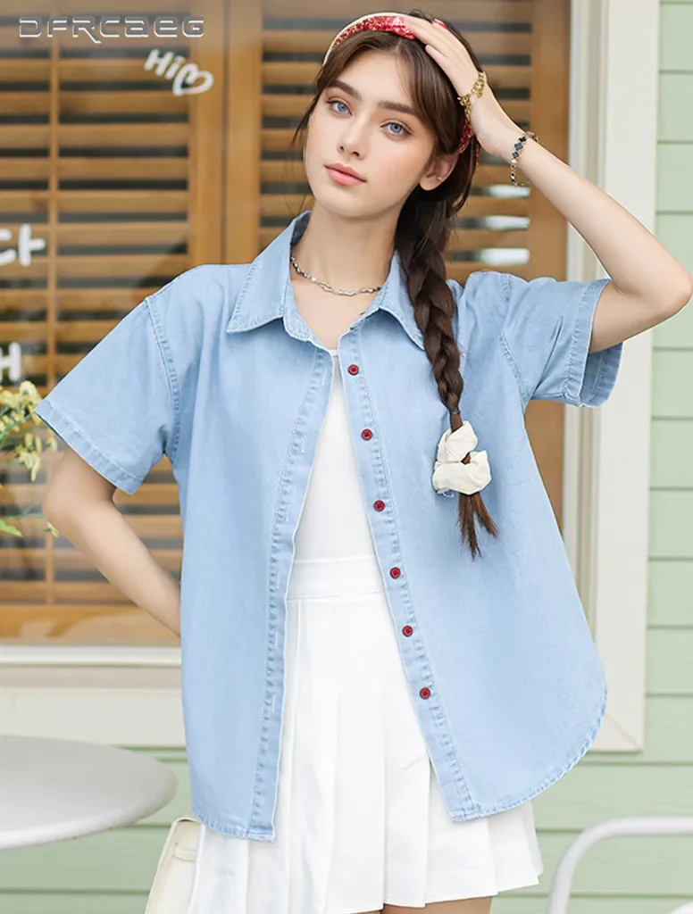 

Pop Light Blue Embroidered Love Women Jean Shirt Clothes Summer Loose Streetwear Short Sleeve Chic Denim Shirts Tops Lady