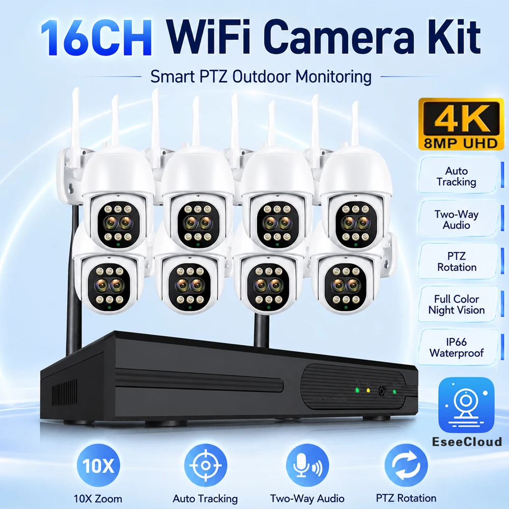 16CH NVR Wireless CCTV System 4K 8MP Color Night Vision Video Surveillance Set WiFi Nvr Kit Cctv Outdoor Ip66 10X Zoom Cameras