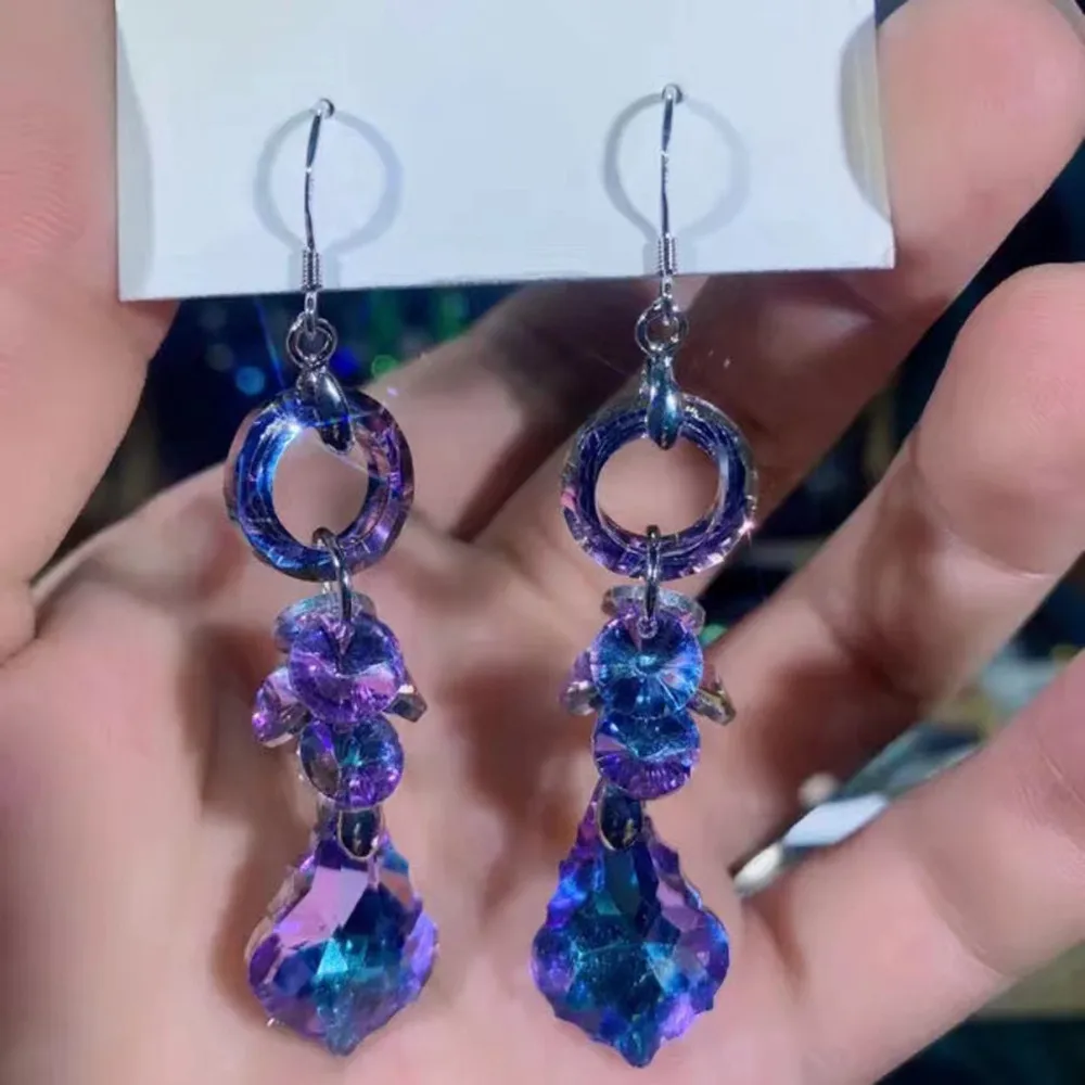 New Colorful Purple Crystal Flower Dangle Drop Earrings for Women Trend Korea Fashion Luxury Wedding Party Banquet Jewelry