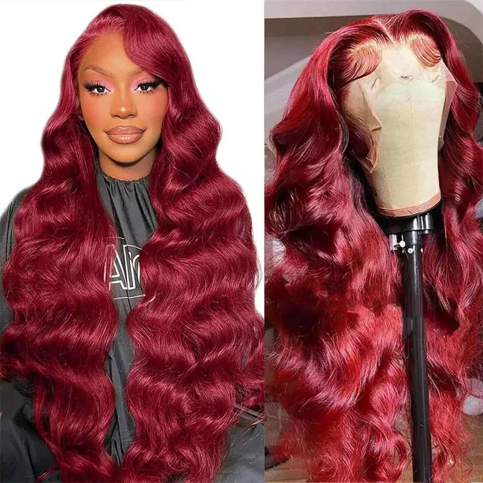 

30Inch 99j Burgundy Glueless Preplucked Human Hair Front Wig 13x4 Hd Lace Frontal Wig Colored Lace Front Body Wave Wig For Women