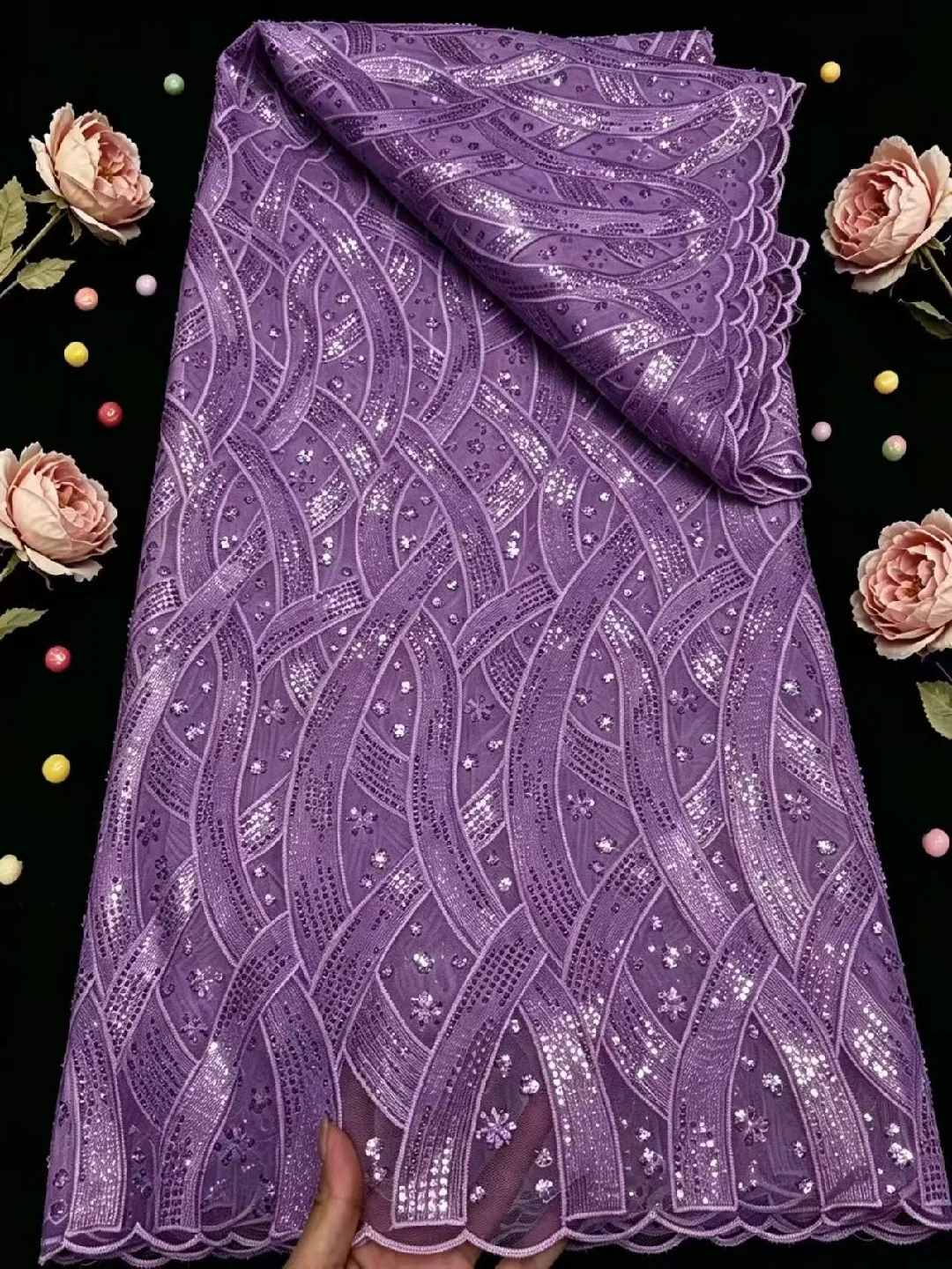 

Latest Purple African Lace Fabric With Sequins 2026 High Quality Heavy Beads French Lace Fabric For Women Party Dress
