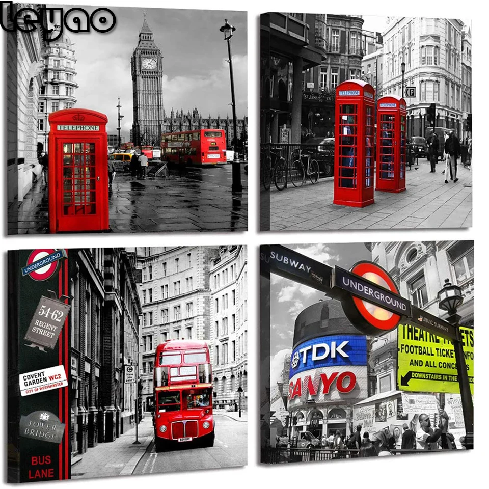 4 Piece Black and White Buildings Diy Diamond Painting Giclee Big Ben and Red Telephone Booth in London England Europe Picture