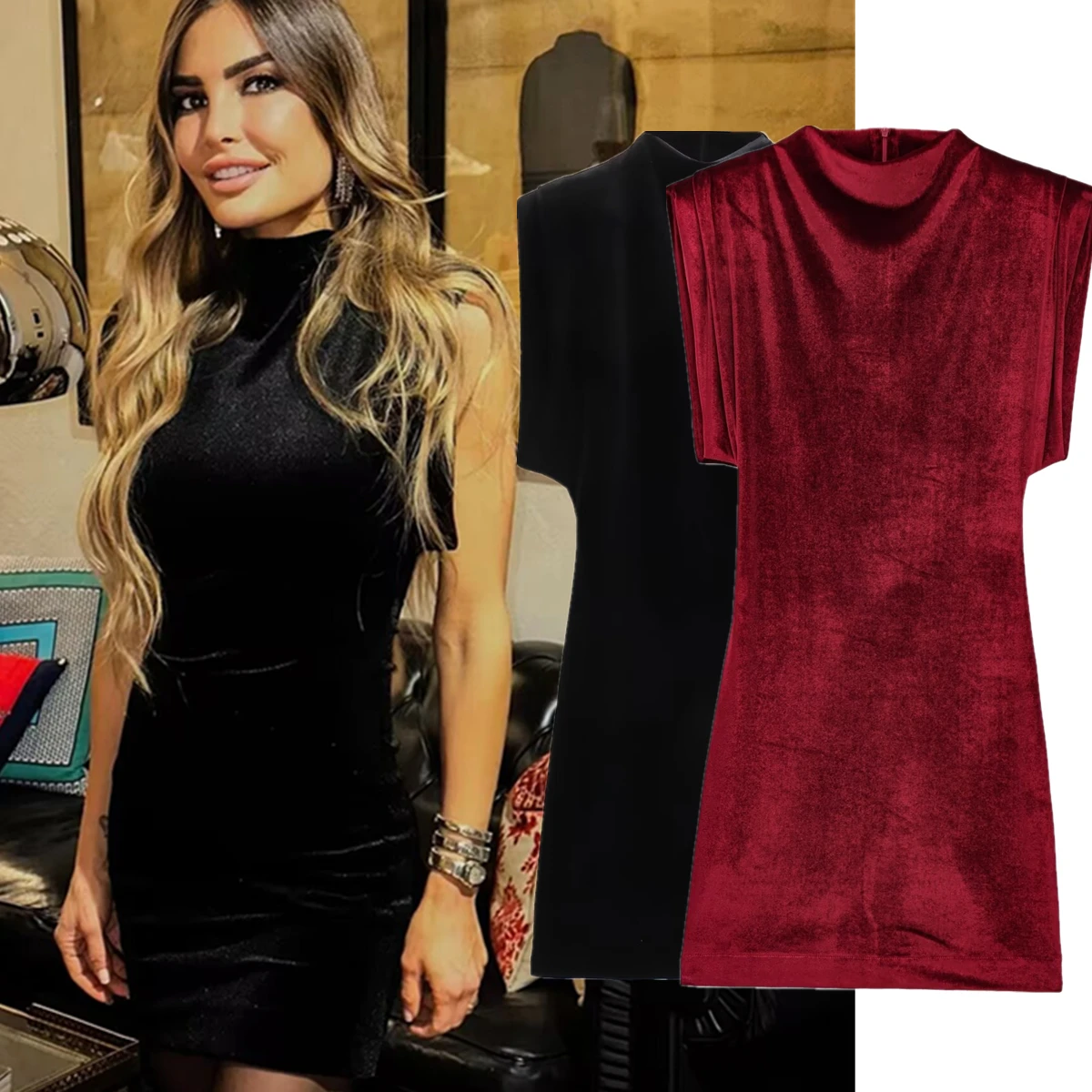 

Jenny&Dave Minimalist Women's Velvet Dress Fashionable Ladies Sexy Slim Fit Sleeveless Dress Women Party Dress