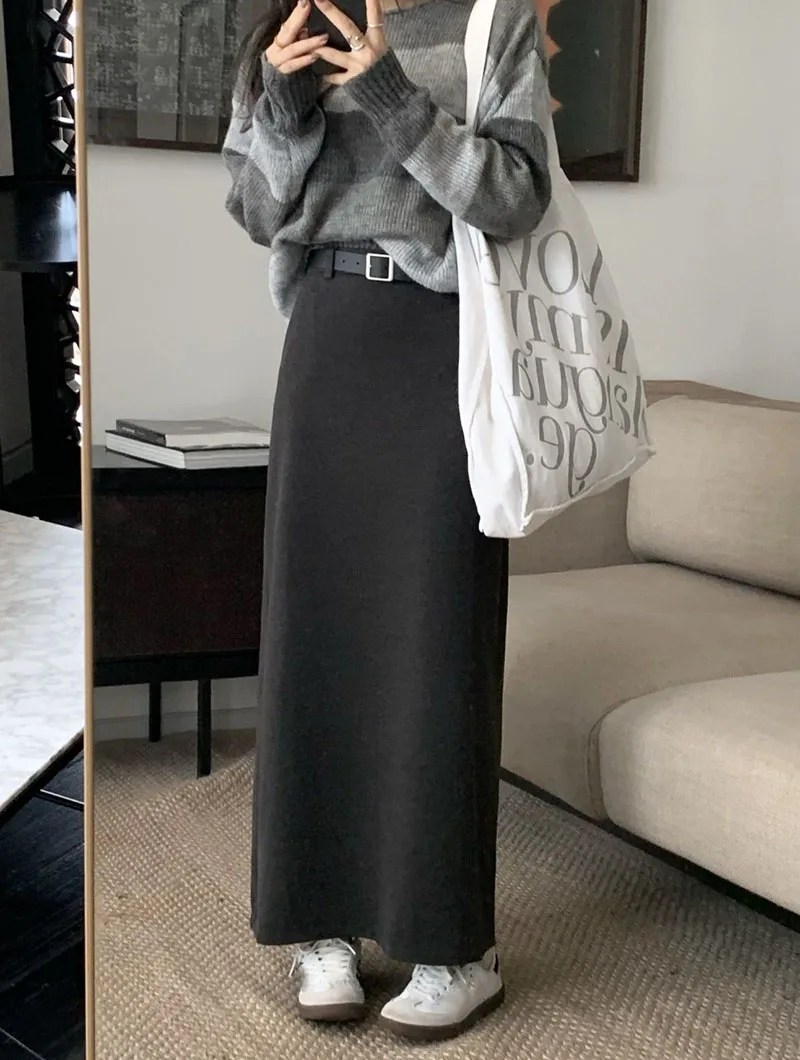 High Quality Woolen Maxi Skirts Female Elegant Chic High Waist Loose A-Line Skirts Women Vintage Streetwear Split Long Skirt
