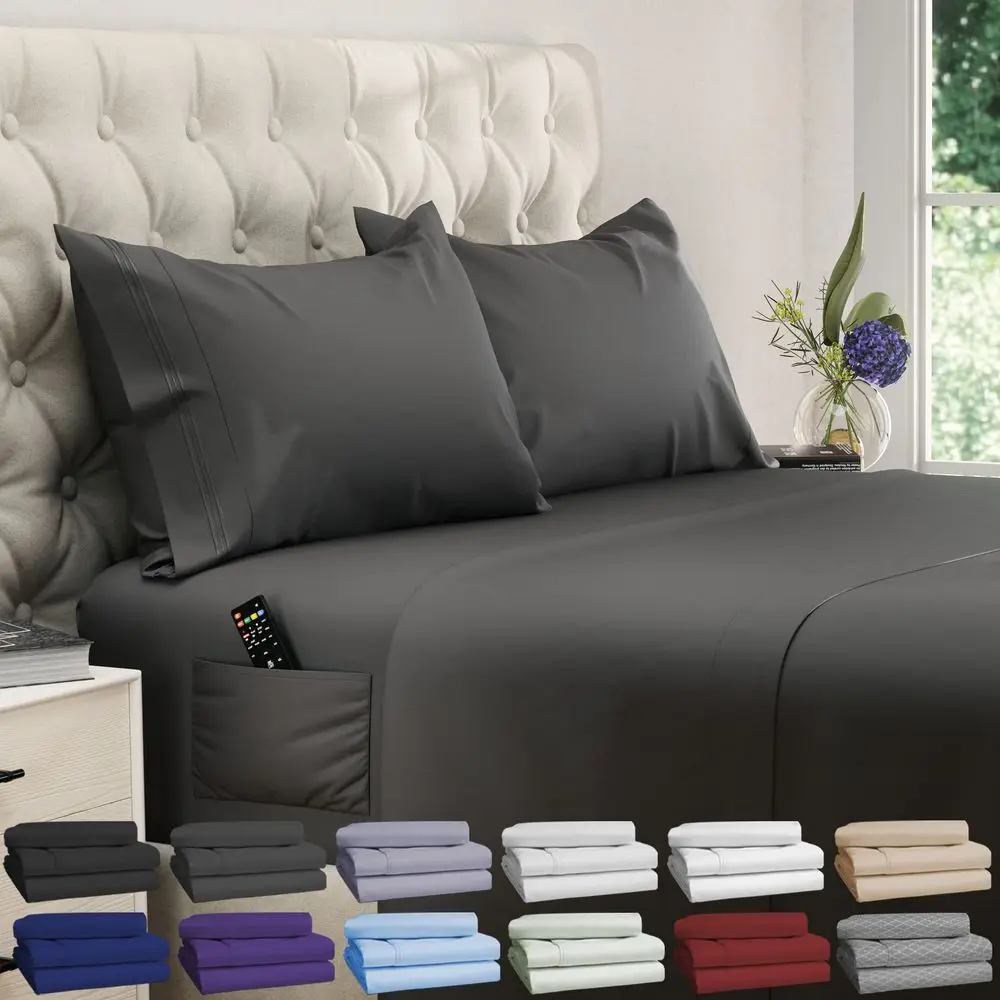 

Комплект постельного белья King Size, 4 предмета: супермягкие и легкие охлаждающие простыни с глубоким карманом до 21 дюйма, роскошные простыни для отелей