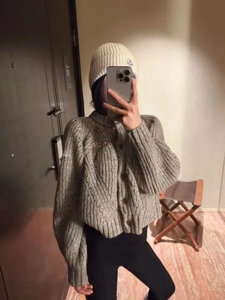 

Классический вязаный свитер с вышитым логотипом, открытый кардиган на одной пуговице, ленивый рукав, тяжелый хлопок, длинный све, теплый женский...