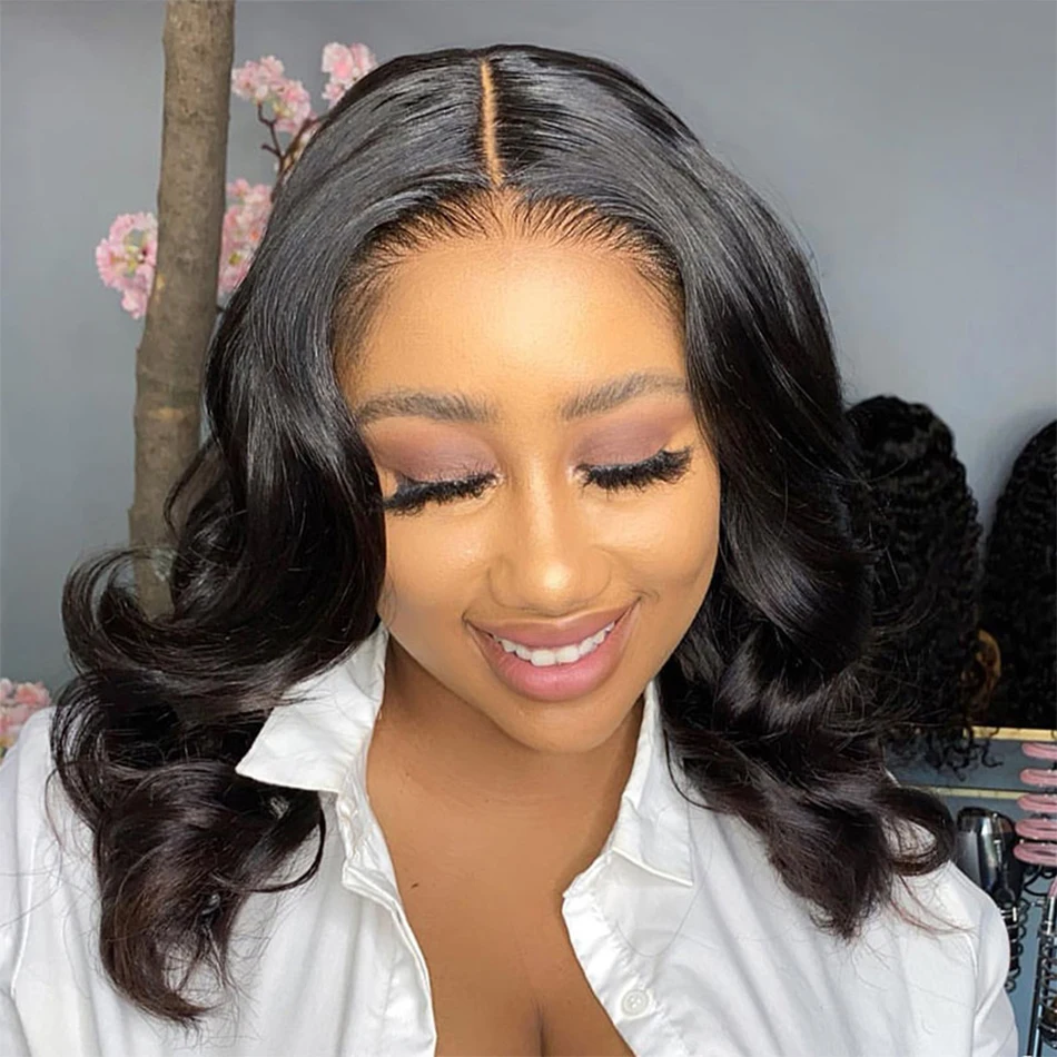 Perruque Bob Lace Front Wig Remy naturelle, cheveux courts, Body Wave, 4x4, 13x4, pre-plucked, avec closure