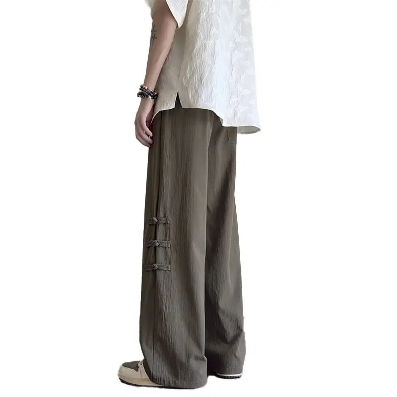 New Chinese Style Chinese Style Buckle Ice Silk Men's Summer Thin Loose Straight Wide-leg High-end Casual Men's Pants