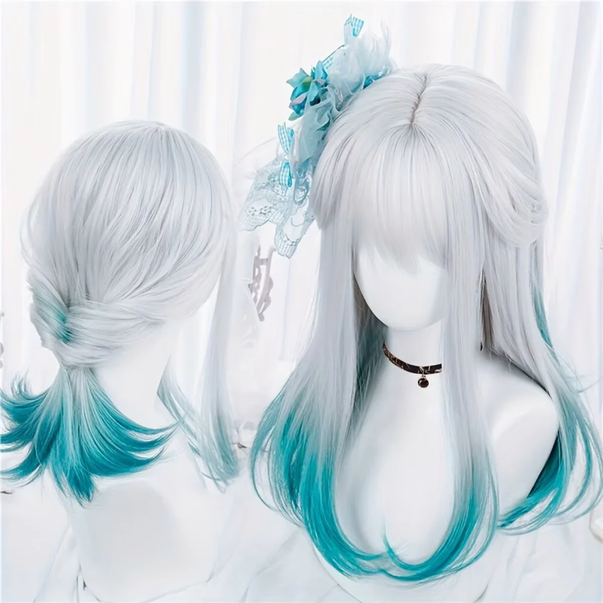 Peruka Syntetyczna Prosta z Grzywką Gradientem Niebiesko-Białym i Kucykiem Anime Party Cosplay Moda 2025 Nowe Włókno Fryzura