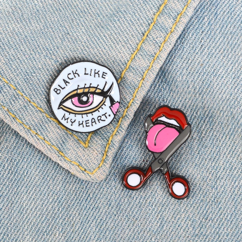 Enamel Pin Black like my heart badge brooch Lapel pin Denim Jeans shirt bag Fun Jewelry Gift for Girl Friend Eyeliner Cut tongue