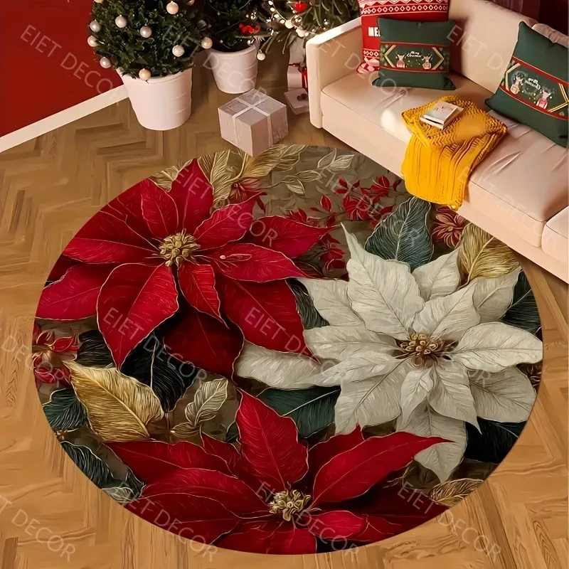 Soft Circle Rug Luxury Poinsettia Flower Print Carpet Flannel Soft Warm Winter Floral Art Living Room Placement