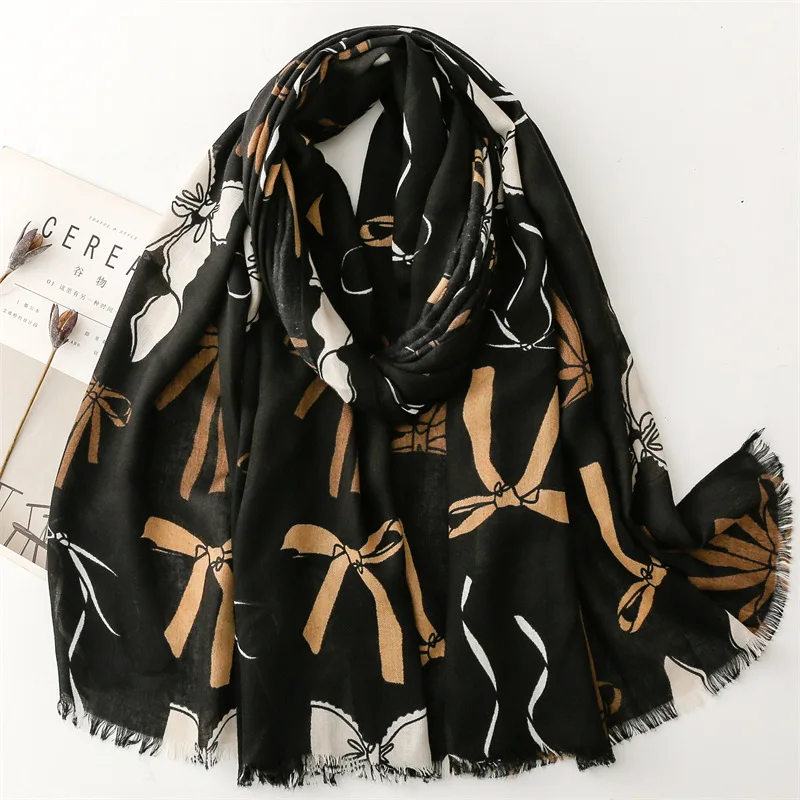 2024 Fashion Bow Print Fringe Scarf Shawls Women Cotton Soft Bowknot Pattern Scarves Hijab Wrap Wholesale 5 Color 10pcs/LOT