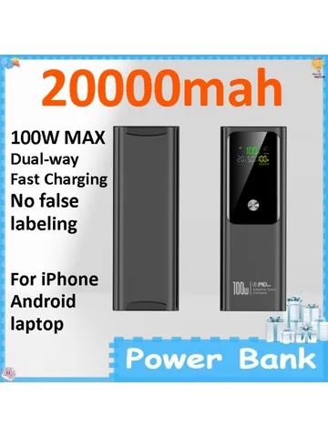 Портативный внешний аккумулятор 100W PD с быстрой зарядкой, 20000 мАч, двунаправленный, для iPhone, Android, ноутбуков