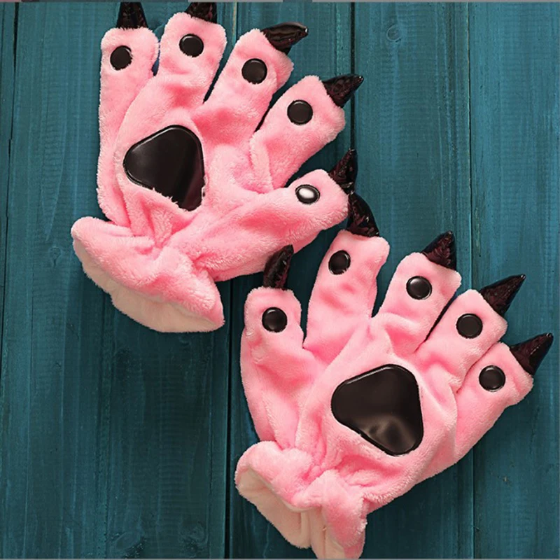 A Pair Animal Paw Gloves Cute Kigurumi Paws Winter Gloves Men Women Soft Plush Flannel Dinosaur Bear Finger Claw Halloween Party