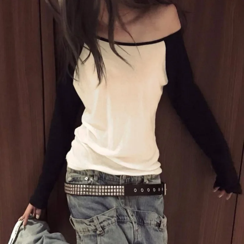 Women Off Shoulder Raglan Long Sleeve T Shirt Slim Fit Basic Tee Casual Y2K Figure Hugging Top Street Dating Daily Outfit