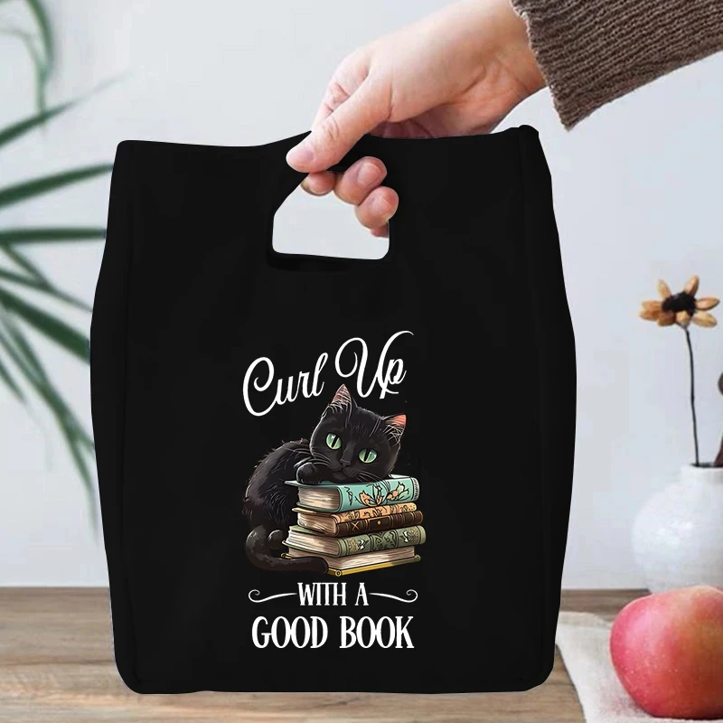 Thermal Bento Bag Cats and Books Print Women Insulation Portable Pouch Food Picnic Fresh Cooler Lunch Bag for School Student