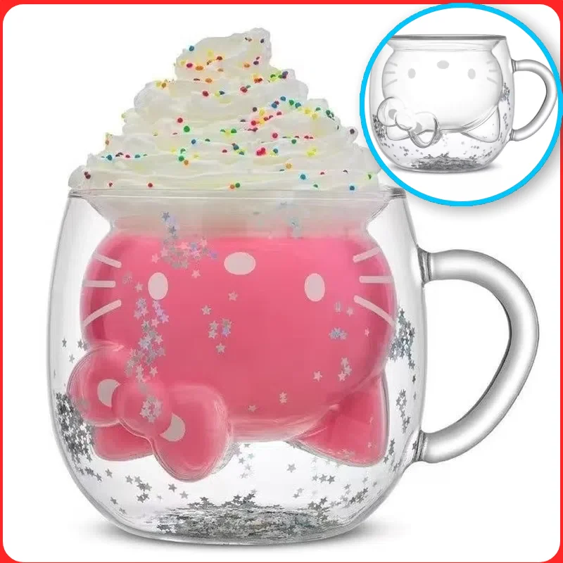 

Cute Hellokitty Style Cup Double Layered Glass Cup 50th Anniversary Limited Edition Cartoon Cute Drinkware Gift For Girls