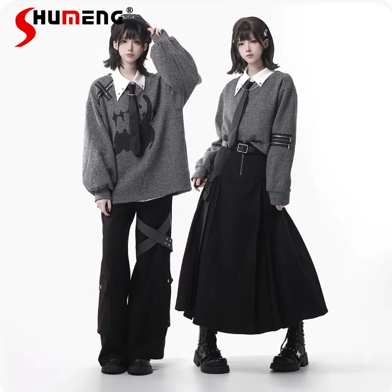 

2025 Autumn Winter College Style Gray Color Knitted Sweatshirt Design Inner Wear T-shirts Black Pants Y2k Clothes Long Skirts