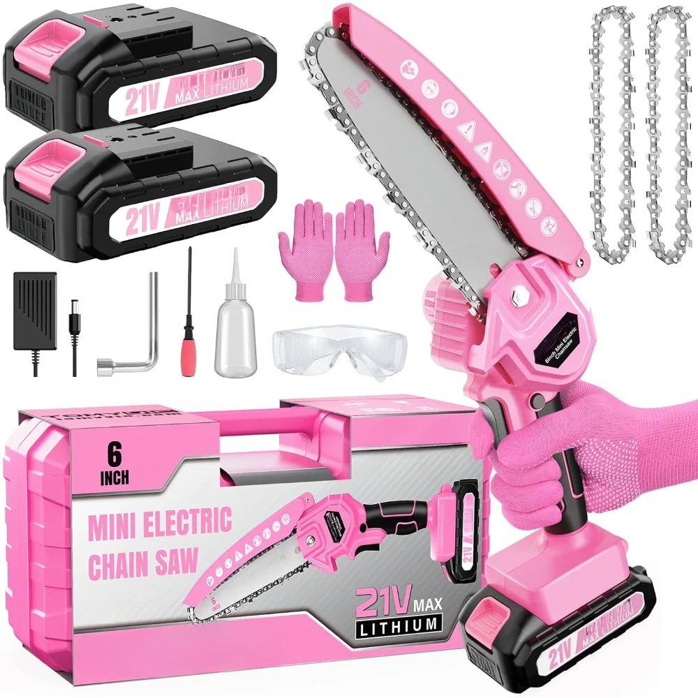 

Mini Chainsaw 6-Inch Battery Powered - Pink Cordless Electric Handheld Chainsaw with 2 Rechargeable Batteries 21V Small Power