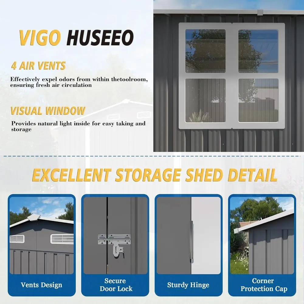 10x8x6.4T Outdoor Storage Shed, Galvanized Steel Garden Shed with Lockable Door & Window, Waterproo Metal Tool Storage or Garden