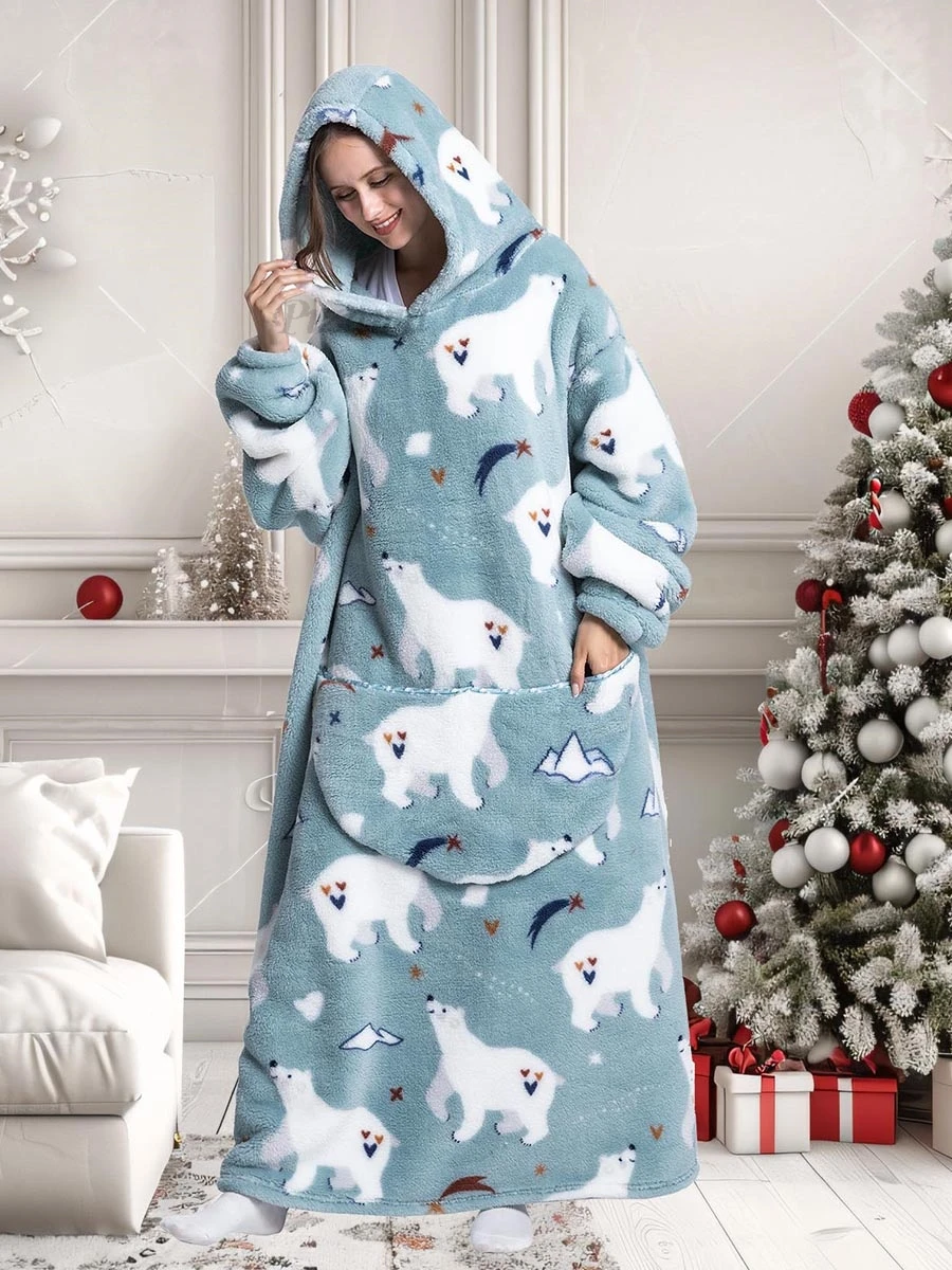 Winter Warm Flannel Polar Bear Plus Size Ladies Hoodies Christmas Gifts Oversized Women\'s Wearable TV Blankets Sherpa Plus Size