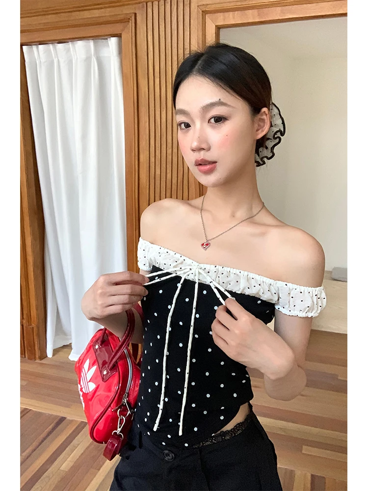 Bla Polka Dot ort Sve T-Shirt Damen Sommer New Sle Slim Fit Oulder Bared One Oulder Top Pendeln Sle Baumwolle B...