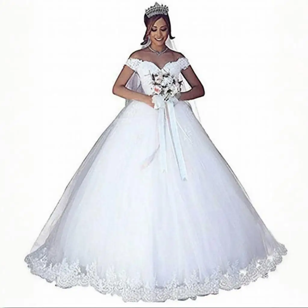 KIVARY Sheer Off the Shoulder Tulle and Lace Long Corset Back Sweetheart Ball Gown Bridal Wedding Dresses