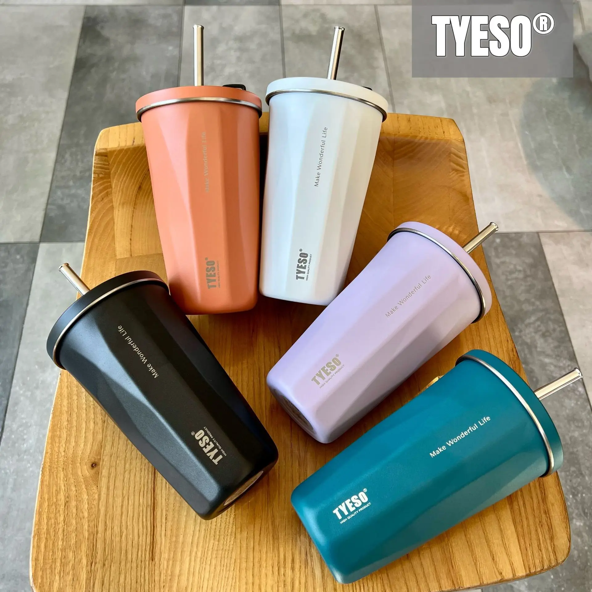 TYESO 600ml Portable Vacuum Insulated Mugs Stainless Steel Coffee Cup Ice Bar Thermal Car Sippy Large Capacity Straw Water Cup