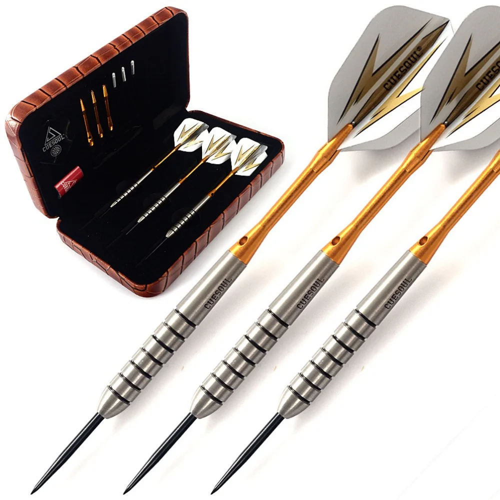 

CUESOUL 18 Grams Tungsten Steel Tip Dart Set 90% Tungsten Darts with Luxuy Brown Case